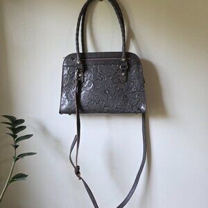 LIKE NEW PATRICIA NASH GENUINE LEATHER GREY TOOLED SATCHEL / CROSSBODY BAG